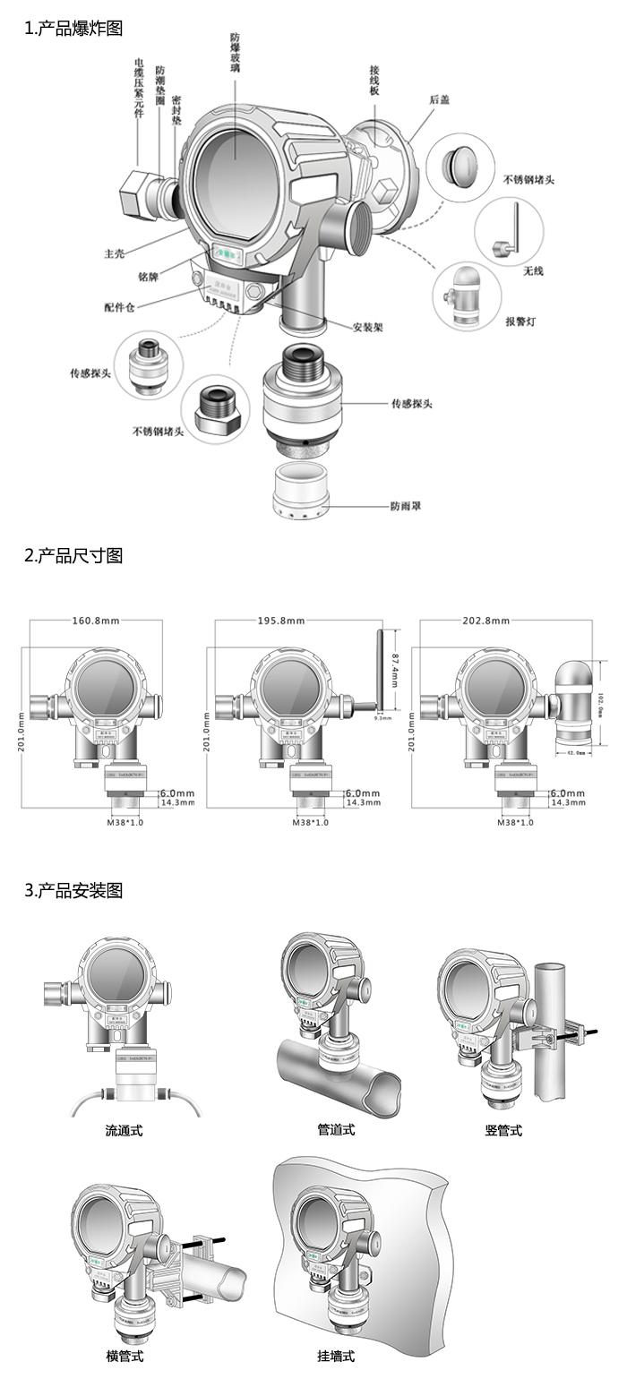 機氣貓固定在線式甲烷氣體檢測儀流通型網絡版尺寸與安裝圖